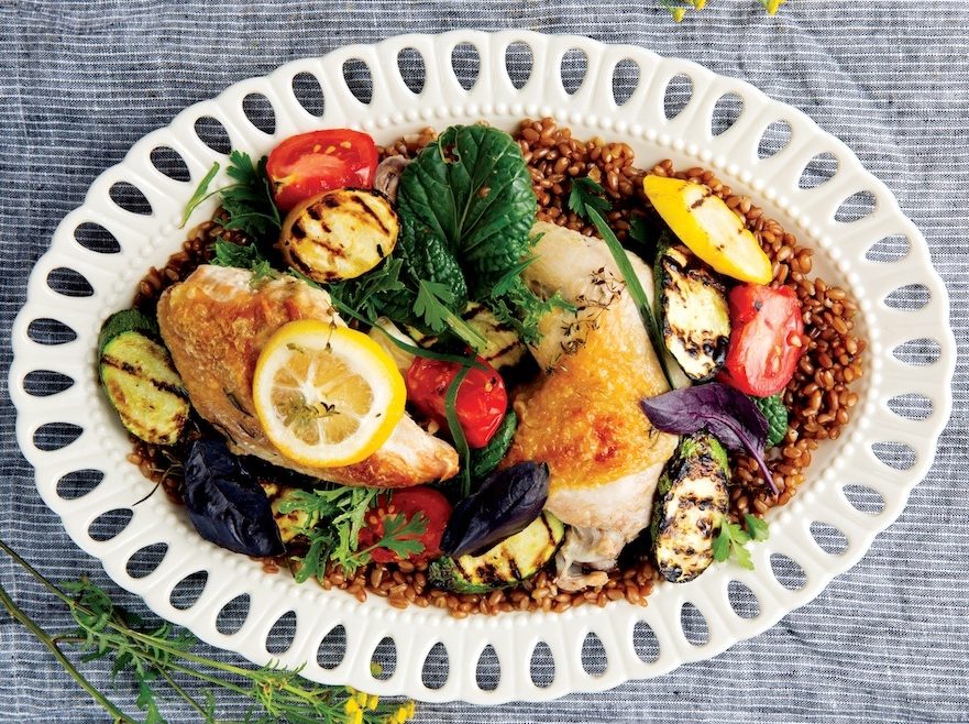 Locally Farmed Chickens and Wheat Berries with Grilled Baby Squash, Tomatoes, and Summer Herbs recipe from Full Moon Suppers by Annemarie Ahearn