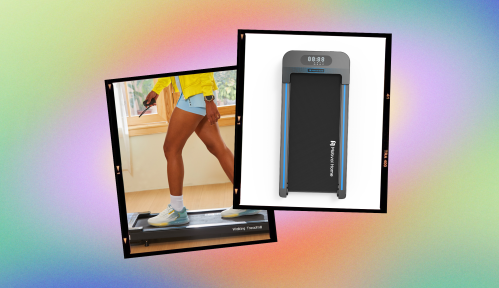 image of the best under the desk treadmill with another image of a woman walking on the treadmill in her home.