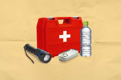 A collage of to-go emergency items, like a flashlight and first aid kit.