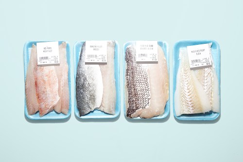 four packages of different fish in vacuum-sealed, labeled trays on a blue background