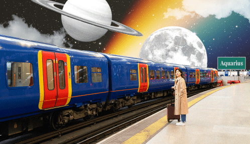 A woman waiting for a train on a platform with oversized planets in a colorful sky in the background.