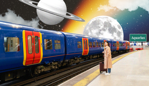 A woman waiting for a train on a platform with oversized planets in a colorful sky in the background.