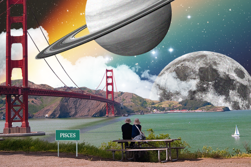 A dreamy image of a couple by the Golden Gate Bridge looking at an oversized Saturn.