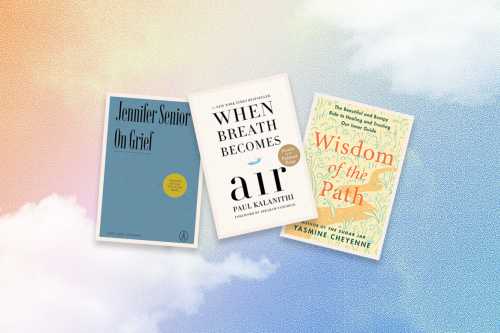 Books on grief are seen floating against a backdrop of clouds.