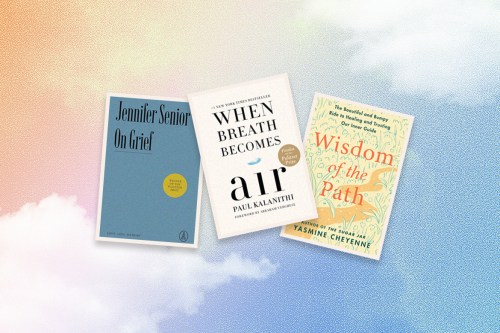 Books on grief are seen floating against a backdrop of clouds.