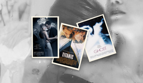 Three movie posters--of Titanic, 50 Shades, and Ghost--against a backdrop of a couple kissing.