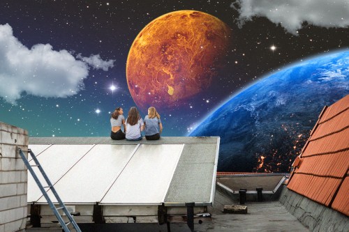 Three people are seen on a roof, staring at an oversized Venus,