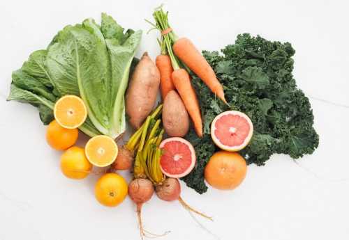 overhead shot of a bunch of fresh produce spread out on a white background