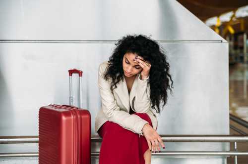 person in beige coat and red skirt sitting with head down feeling anxious and stressed before flight