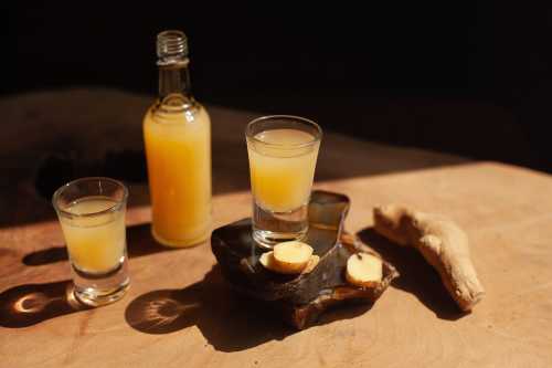 Small glasses of yellow-colored ginger shots and ginger root on a wooden surface