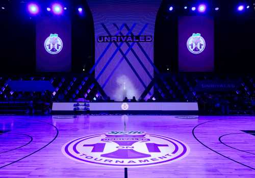 photo of Unrivaled's basketball court with purple lights