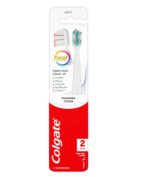 Colgate Total Active Prevention Foaming Clean Soft Toothbrush, 2 Count