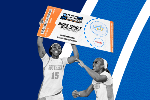 photo of two women's basketball players holding a sign that says 2025 ticket punched for march madness