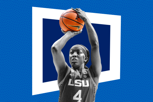 photo of flau'jae johnson shooting a basketball while wearing a #4 LSU jersey on a blue and white background