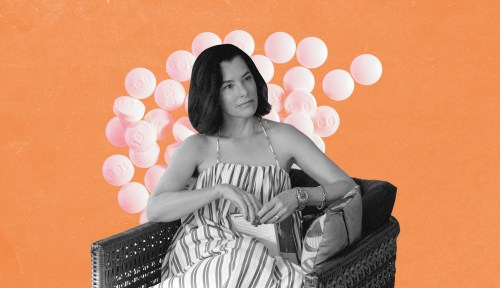 collage photo of actress parker posey playing victoria ratliff in the white lotus in black and white against an orange background and pile of lorazepam pills, a popular anti-anxiety medication