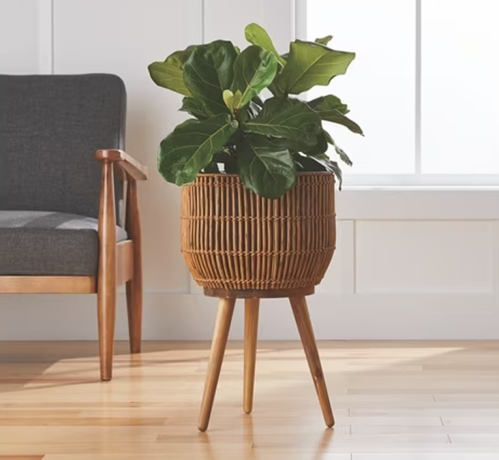 Better Homes and Gardens Rattan Planter and Stand with Acacia Wood Legs