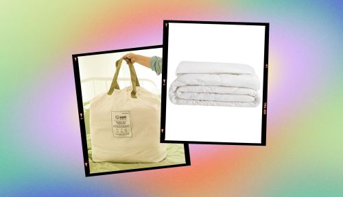 Collage image of the best comforters for the Scandinavian sleep method against a colorful aura background with orange, pink, green, and blue colors