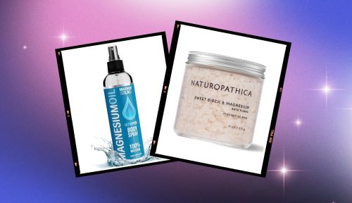 collage of the best magnesium products for sleep, bath salts and magnesium oil, against a purple and blue galaxy background