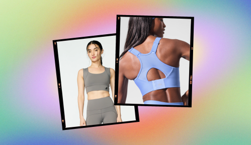 collage of the best posture-correcting bras, the forme power bra and alo yoga airlift bra in grey and blue against a colorful aura background of orange, purple, green, and blue