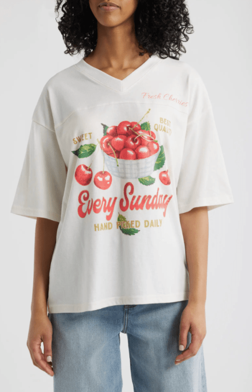 Vinyl Icons Fresh Cherries V-Neck Graphic T-Shirt