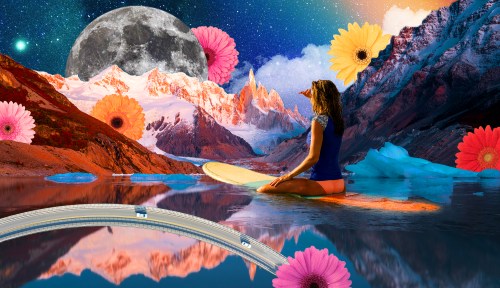 collage of a person sitting on a surfboard in a body of water looking out at the full moon and a psychedelic flower and colorful pattern