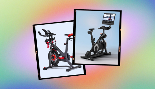 a colorful image showing two of the best indoor exercise bikes