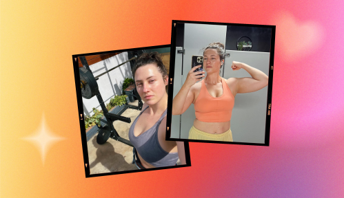 Two images of lifting influencer Casey Johnston from her Instagram page, showing her in fitness clothes during and after a workout.