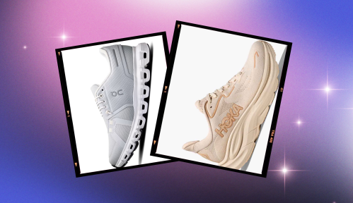 Image showing two running shoes on a purple starry background: On Cloud 6 vs Hoka Clifton 10