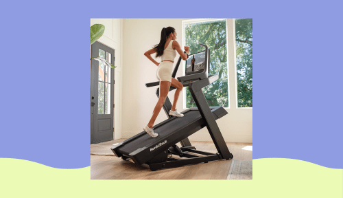 Nordictrack X24 Treadmill with woman on it and colorful background