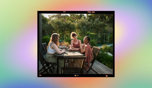 women chatting outside on a pretty patio