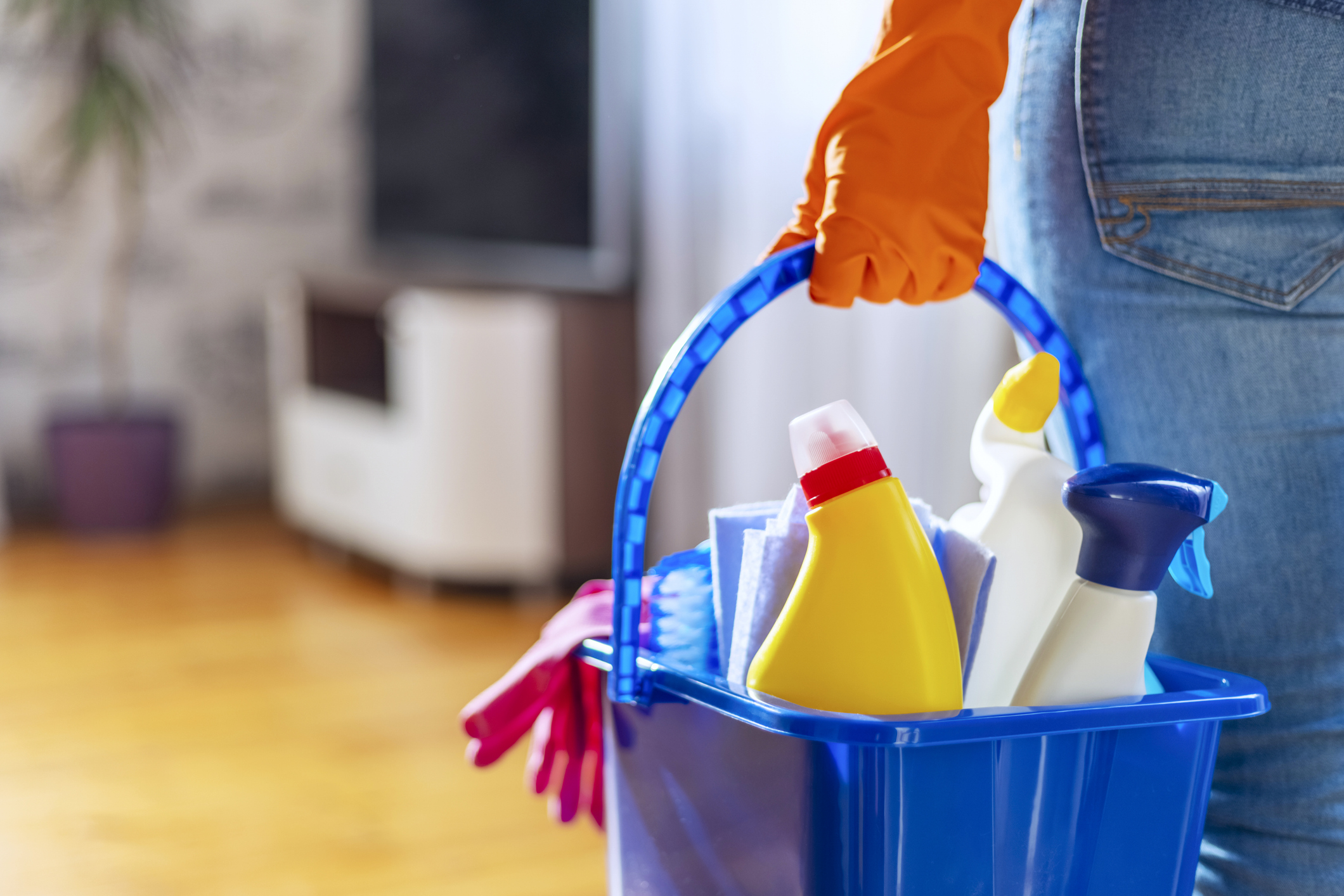 Woman in rubber gloves with bucket of cleaning supplies ready to clean up her apartment.