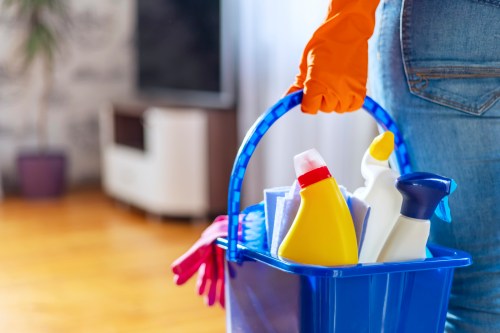 Woman in rubber gloves with bucket of cleaning supplies ready to clean up her apartment.